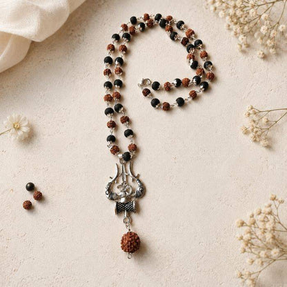 Silver Plated Rudraksha Karungali Mala with Trishul Pendant