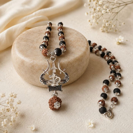 Silver Plated Rudraksha Karungali Mala with Trishul Pendant