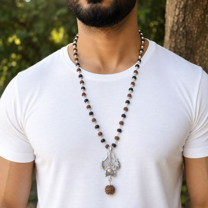 Silver Plated Rudraksha Karungali Mala with Trishul Pendant