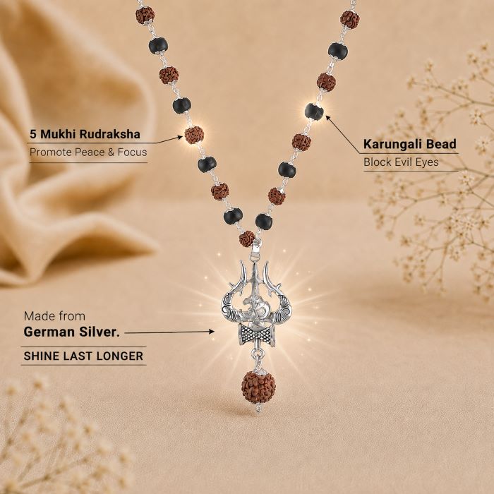 Silver Plated Rudraksha Karungali Mala with Trishul Pendant